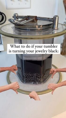 Metalsmith Society shared a post on Instagram: "When your work is turning grey-ish black in your tumbler try this recipe to clean the barrel and your media: 50/50 Distilled white vinegar and water. Tumbler for 20 and rinse. Then fill with water and a...